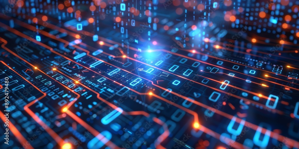 Poster the futuristic digital circuit board features binary code, glowing lights, and hightech technology d