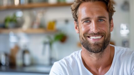 Naklejka premium A man in a white t-shirt, with a bright and friendly smile, standing in a contemporary kitchen setting, surrounded by various kitchen items and a pleasant ambiance.