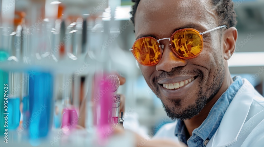 Poster a scientist wearing a white lab coat and focusing on an experiment in a laboratory. various colorful