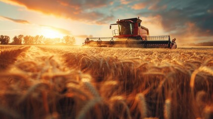 Fototapeta premium Combine harvester harvesting the wheat on the amazing wheat field