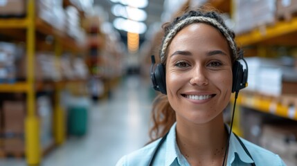 A cheerful woman with a headset is smiling while standing in a warehouse, showcasing teamwork, efficiency, and dedication in a professional and organized work environment.