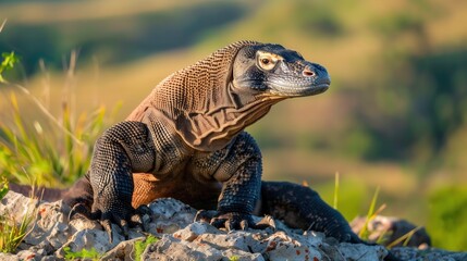 Obraz premium A Komodo Dragon standing on a rock with watchful status, overlooking its surroundings