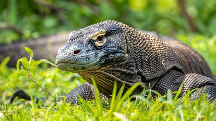 A close up image of a Komodo Dragon laying on the grass with a watchful state