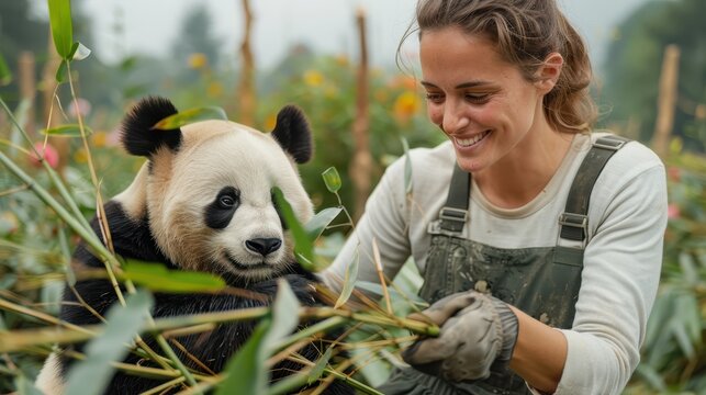 A woman in casual attire is smiling beside a panda feeding on bamboo in a green environment, representing harmony with nature, and the rewarding experience of wildlife conservation.