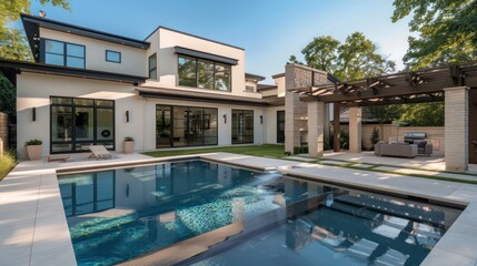Fototapeta premium contemporary suburban home with sleek architectural lines, featuring a neutral color palette and a backyard oasis with a lap pool and a shaded pergola