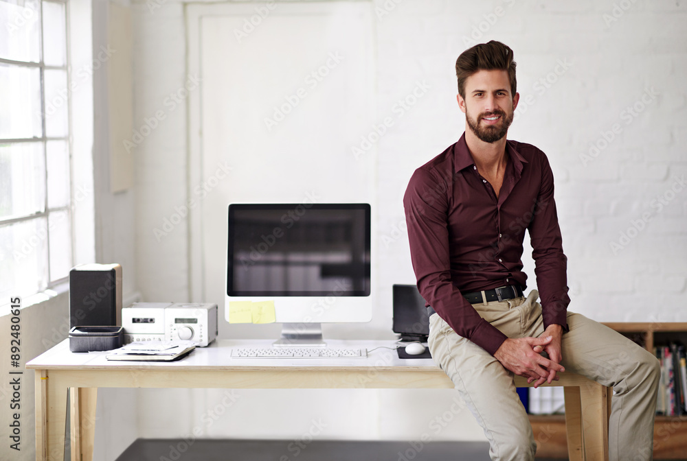 Aufkleber Computer, desk and portrait of programmer man in office for administration of creative development. Business, design and technology with website developer in professional workplace for IT support