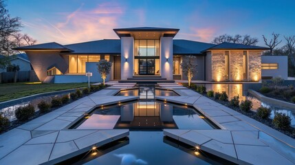 Fototapeta premium Suburban home front view showcasing a geometric design, hidden lighting, and a reflection pool leading to the front door