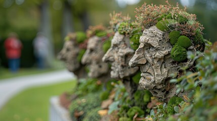Four stone sculptures with detailed facial features, decorated with moss and plants, are artfully arranged in a serene garden setting, symbolizing the harmony between nature and art.