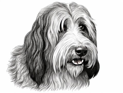 recommend clip art: Black and white Vintage engraved art of a Bearded Collie isolated on white background, ink sketch illustration, simple vector art design, highly detailed line art, high contrasty 