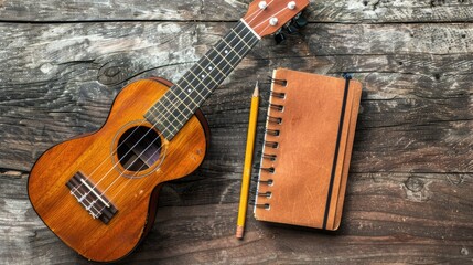 Fototapeta premium Ukulele and notebook with pencil