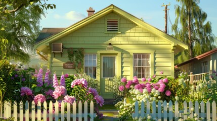 Fototapeta premium cozy suburban cottage with a sage-green facade, surrounded by a flower garden full of peonies and foxgloves, and a vintage white picket fence