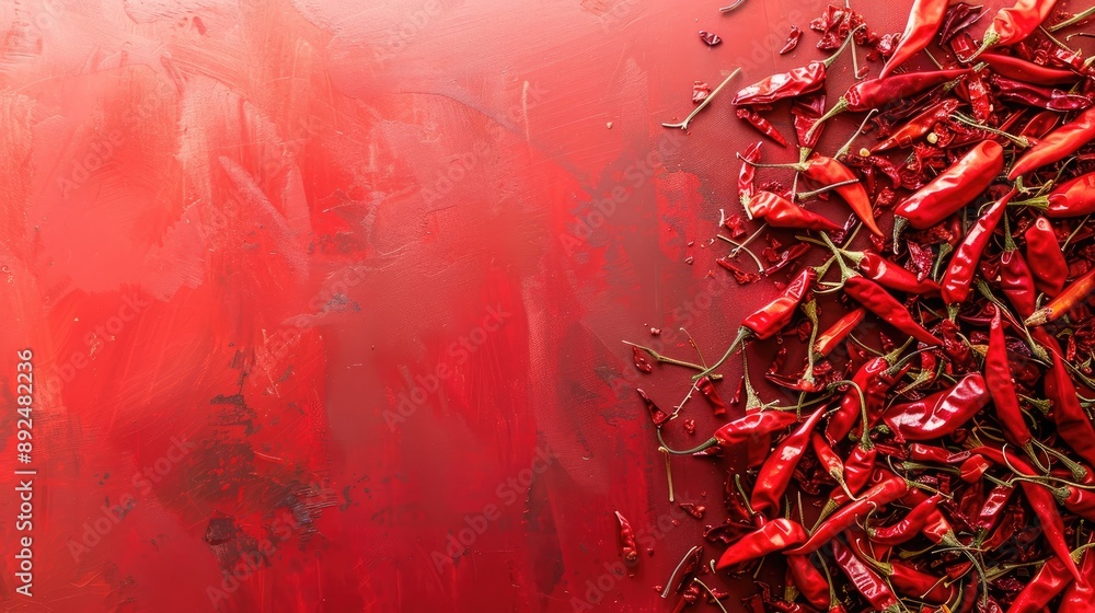 Poster a red background with a bunch of red peppers on it. the peppers are scattered all over the backgroun