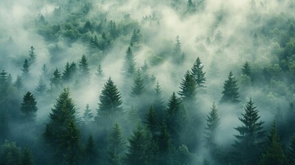A scenic view of a misty forest with dense greenery and tall trees enveloped in fog, creating a serene and mysterious atmosphere