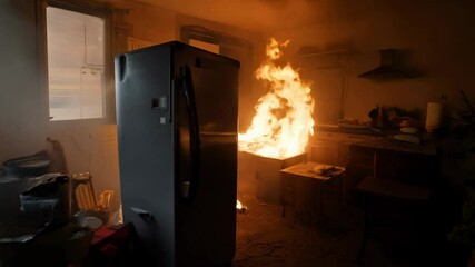 Refrigerator Fire in a Kitchen With Smoke and Flames