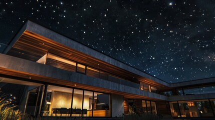 Fototapeta premium Suburban home with a minimalist design, featuring a mix of wood and glass under a starlit sky Ensure room for text