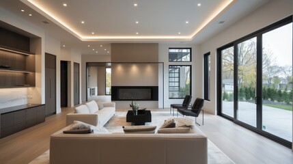 Suburban home with a minimalist design, featuring a neutral palette and strategic use of natural light