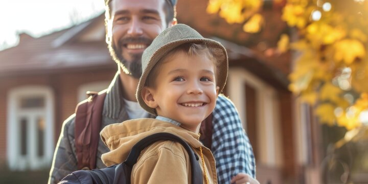 A heartwarming portrait of a father taking his son to school, capturing their bond as they walk together with ample copy space for text - Powered by Adobe