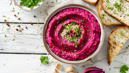 Roasted Beet Hummus with toast in a ceramic bowl on a wooden background. Top view