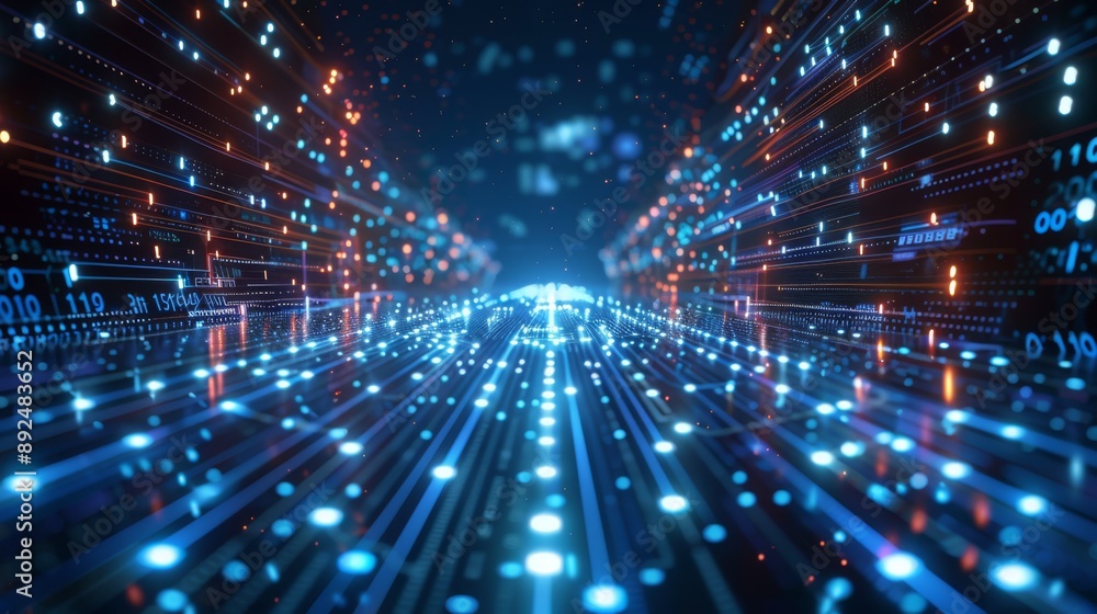 Poster illustrating a cuttingedge digital realm with a luminous blue binary data flow, showcasing the tech 