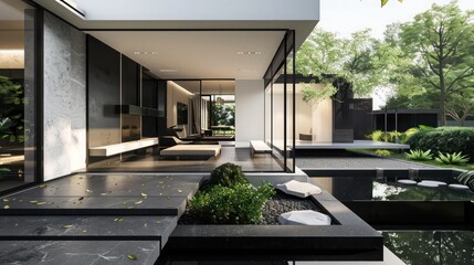 Suburban home with a minimalist design, featuring a black and white color scheme and a modern garden