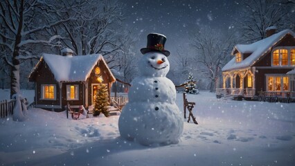 Fototapeta premium Merry christmas and happy new year greeting card with copy-space.Happy snowman standing in christmas landscape.Snow background.Winter fairytale.