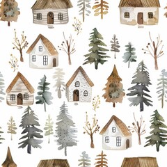 Watercolor forest cabins seamless repeating pattern, minimal pattern, high contrasty 