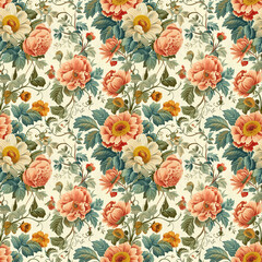 Vibrant floral pattern featuring white, peach, and yellow blossoms
