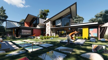Obraz premium modern suburban home with an artistic flair, featuring an asymmetrical roof, bold color blocks, and a landscaped yard with abstract art pieces