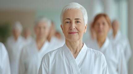 Seniors in a tai chi class, practicing slow and graceful movements, peaceful and focused environment, natural light, instructor guiding gently, diverse backgrounds, sense of balance and relaxation