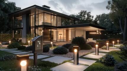 Fototapeta premium modern suburban home with an emphasis on glass architecture, featuring a front yard with minimalist, sustainable landscaping and solar pathway lights