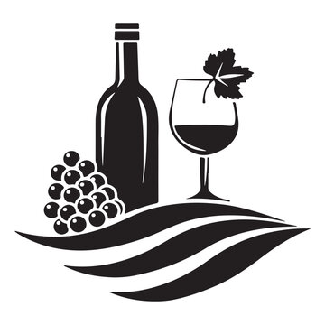 Wine Bottle and Glass Wineyard and Bar Logo. Black and White restaurant or Wine Company Identity Symbol. Vector Simple Design Element.