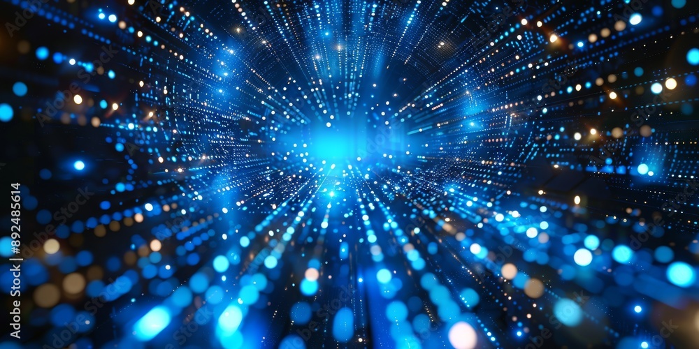 Poster a digital artwork features vibrant blue light with sparkling particles, creating a dynamic visual ex
