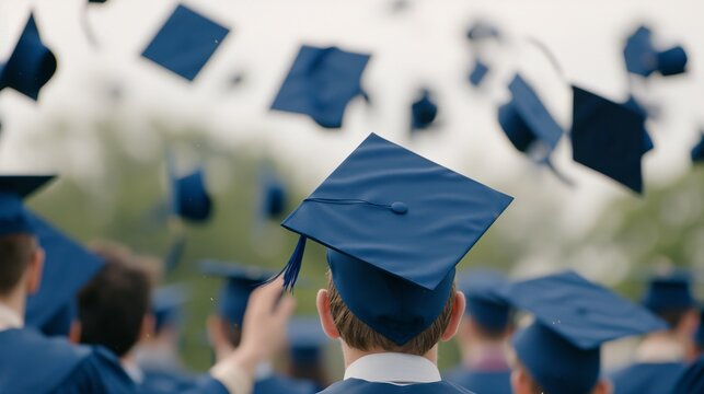 Graduates tossing their high school caps in the air in a joyful celebration, surrounded by college-themed decorations and memorabilia, marking the end of one chapter and the beginning of another