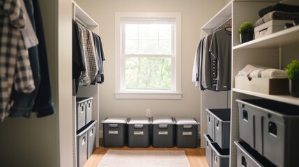 A student and parent organizing a dorm room closet, hanging clothes, and arranging storage bins, creating an organized and efficient space for the college lifestyle
