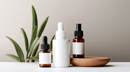 Clean Skincare Product Display with Lotion Bottle, Cream Jar, and Serum Dropper on White Background