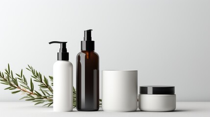 Minimalist Skincare Product Display with Lotion Bottle, Cream Jar, and Serum Dropper on White Background