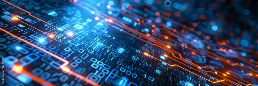 Poster futuristic digital circuit with glowing data streams, showcasing binary code and electronic connecti