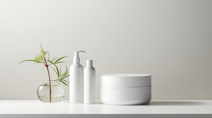 Minimalist Skincare Product Display with Lotion Bottle, Cream Jar, and Serum Dropper on White Background for Clean Beauty Routine