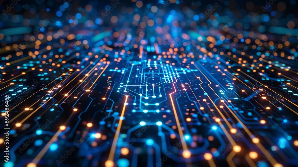 Poster high-tech digital circuit board with glowing blue and orange lights, representing data flow and conn