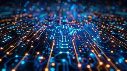 High-tech digital circuit board with glowing blue and orange lights, representing data flow and connectivity.