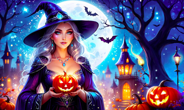 Illustration of a beautiful witch in a black hat holding an orange glowing pumpkin on the background of a castle and bats, Halloween concept