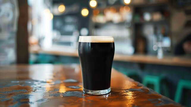 A half-full glass of dark beer sits on a bar counter. The glass is clear and the beer is dark brown. - Powered by Adobe