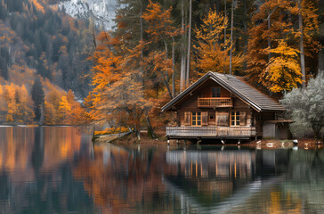 Autumn Cabin by the Lake