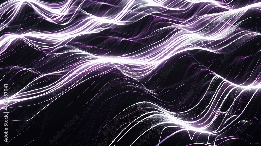 Poster bstract pattern of glowing white and deep purple lines on a black canvas, creating a visually stunni