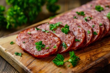 A mouthwatering arrangement of sliced sausage on a wooden cutting board, surrounded by vibrant green parsley leaves. Perfect for a savory snack or meal.