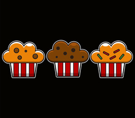 simple muffin cake design. blue berries, chocolate, and chocolate chips. Simple style vector illustration on black background