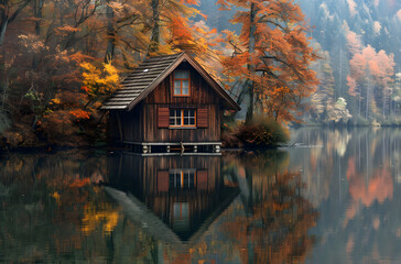 Obraz premium Autumn Cabin by the Lake