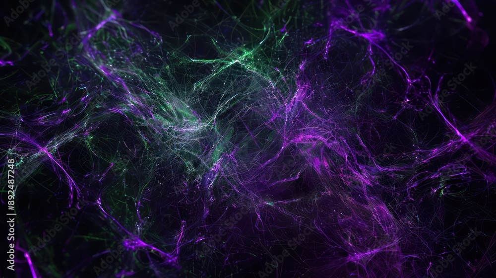 Poster bstract plexus of neon violet and forest green threads, creating a mysterious aura on a dark backgro