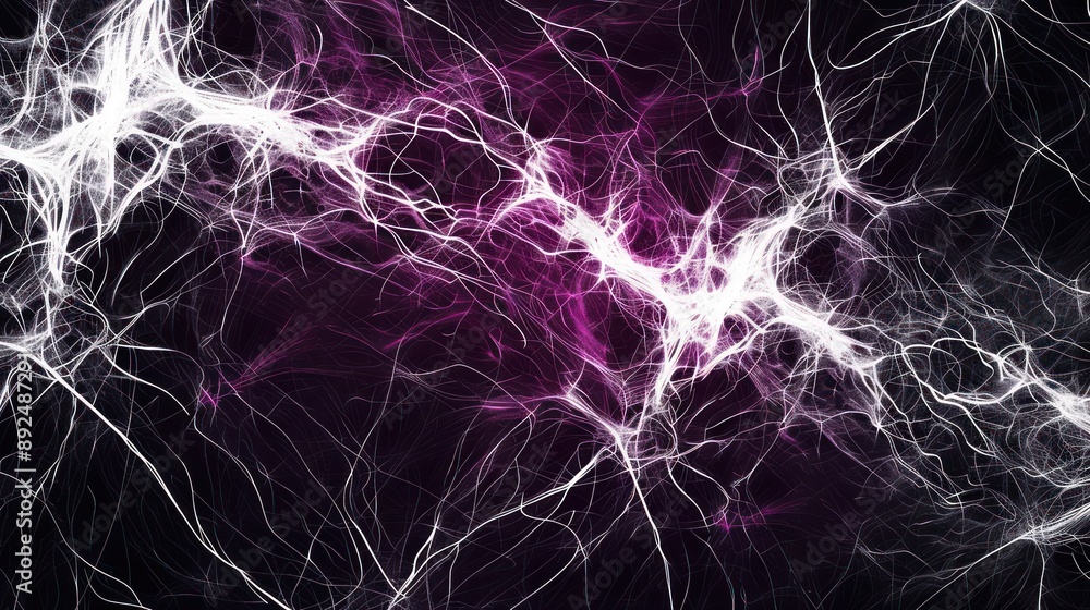 Fototapete bstract pattern of glowing white and deep purple lines on a black canvas, creating a visually stunning space for text