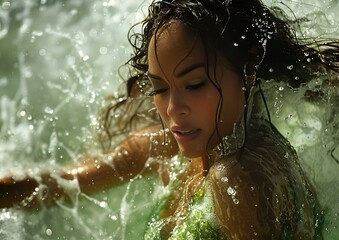 Fototapeta premium Woman wearing a green bikini enjoying the water.